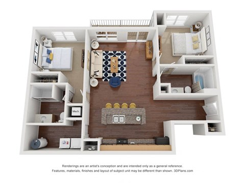 Floor plan for 2 beds, 2 baths, 1078 sqft